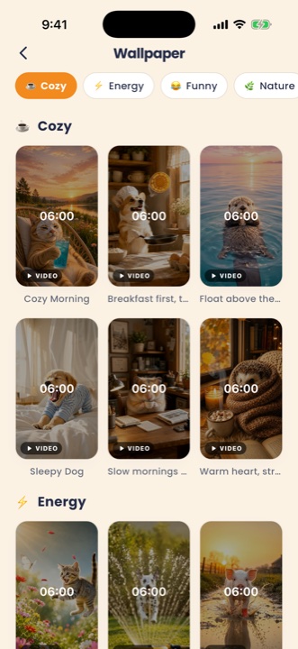 Wallpaper gallery with Cozy, Energy, Funny and Nature video themes