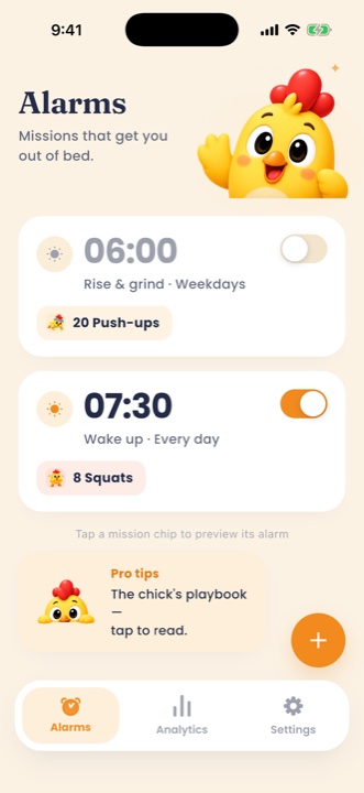 uAlarm home screen with the chick mascot and two mission alarms