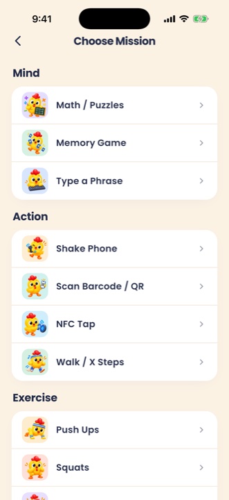 Choose Mission screen with Mind, Action and Exercise missions