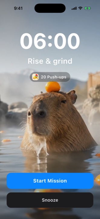 uAlarm ringing: a capybara video wallpaper behind the alarm time, a push-ups mission, and the Start Mission button