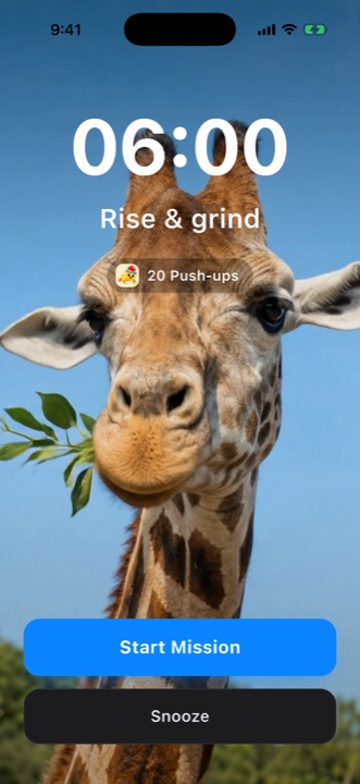 uAlarm ringing over a funny giraffe video wallpaper with Start Mission and Snooze buttons