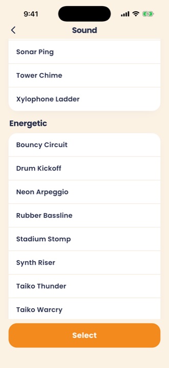 Alarm sound library with Classic and Energetic categories